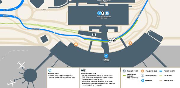 Map showing Passenger Pick Up and Drop Off at the Domestic Terminal